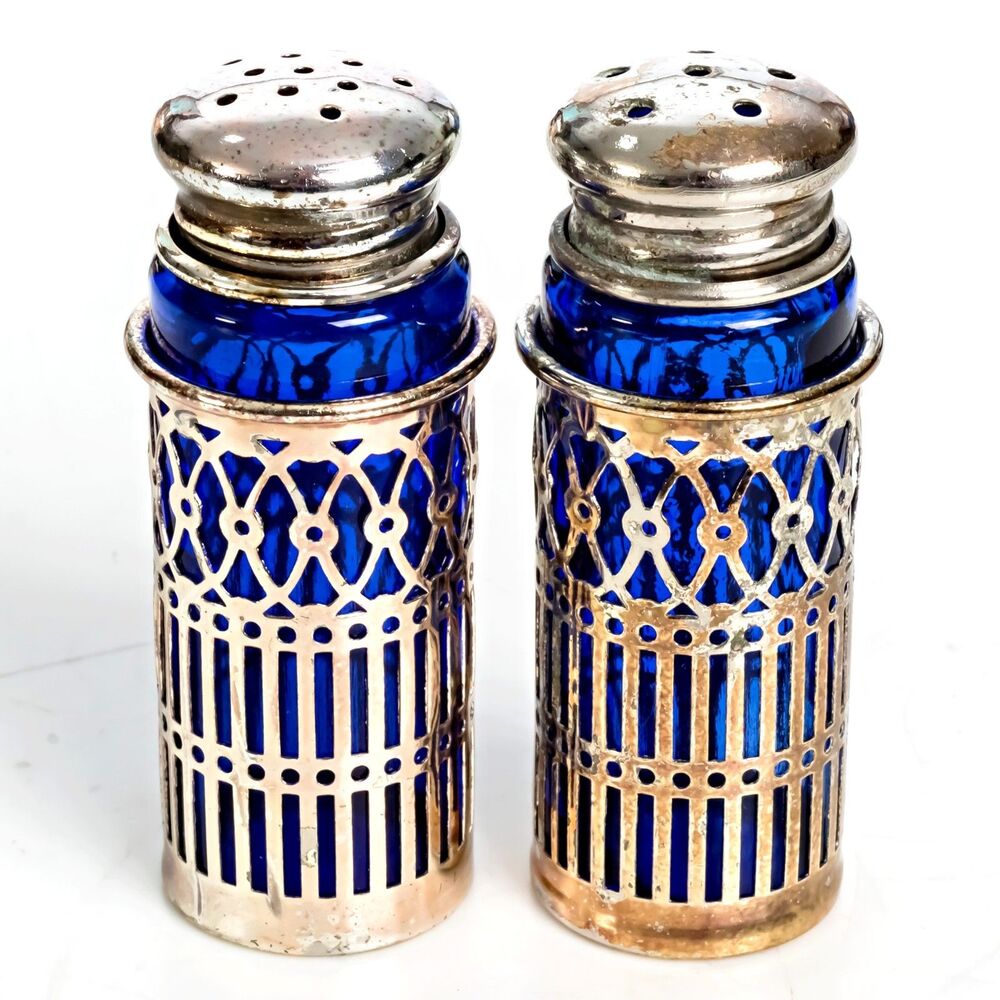 Vintage Silver Salt Pepper Shakers Cobalt Blue Glass